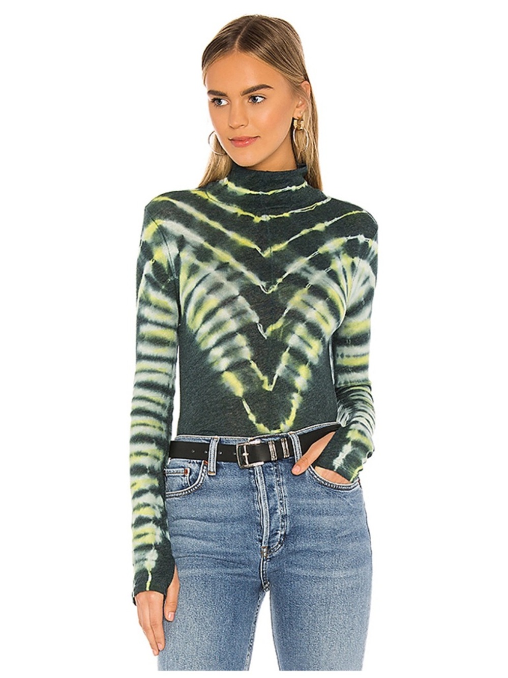 We The Free Psychedelic Tie-dye Long Sleeve Turtleneck Top In Green And Yellow S